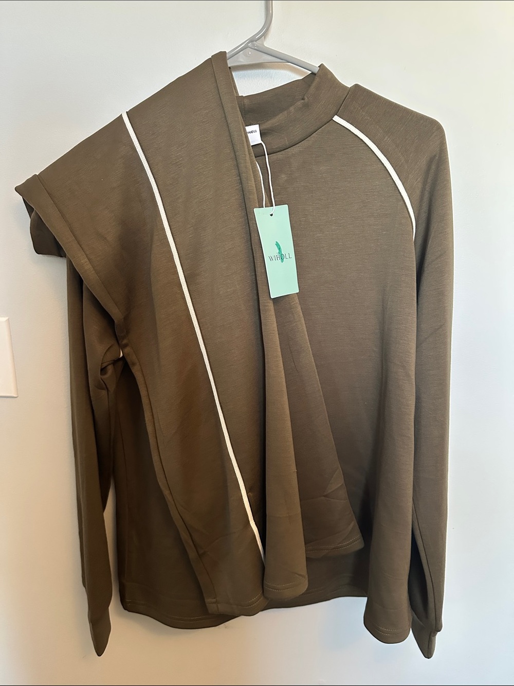 Olive Green Long Sleeve Top and Pant Set with White Piping